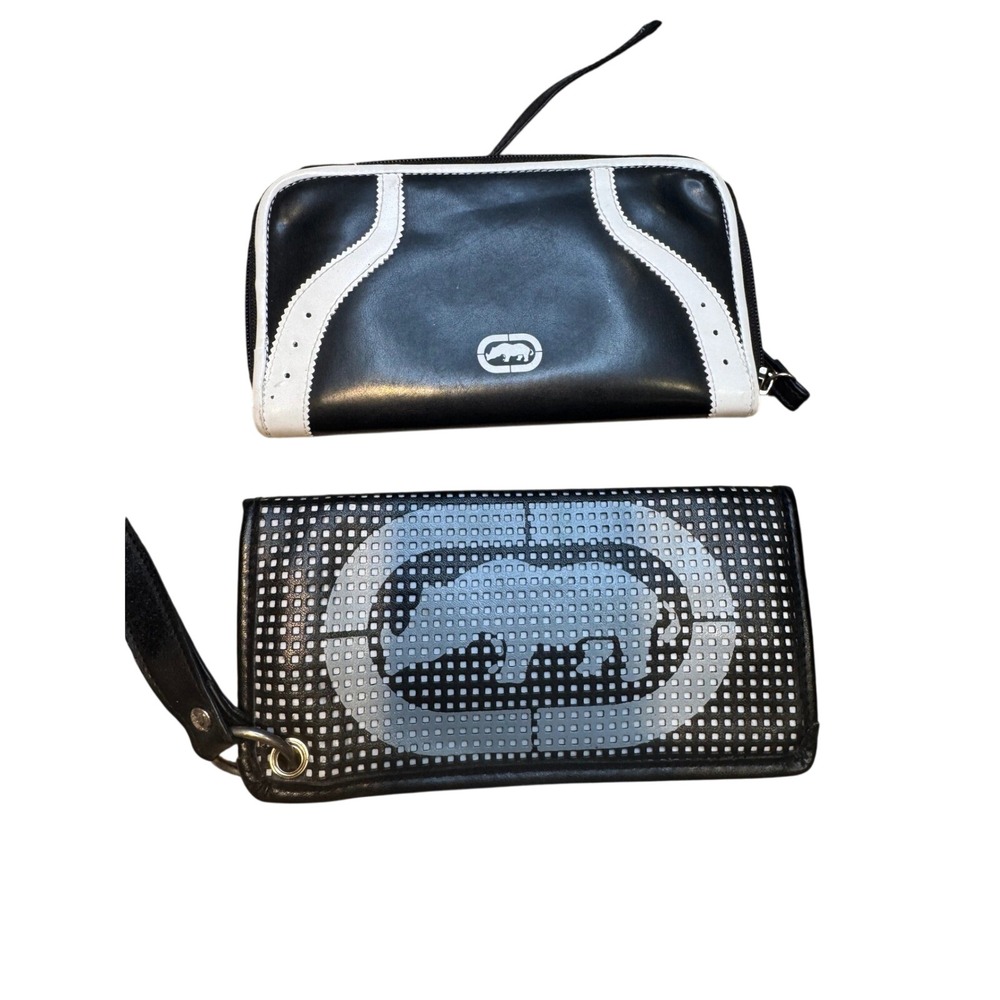 Ecko Unltd Wallet Lot 2pc‎ Black White Perforated Rhino Logo Wristlet Zip Around